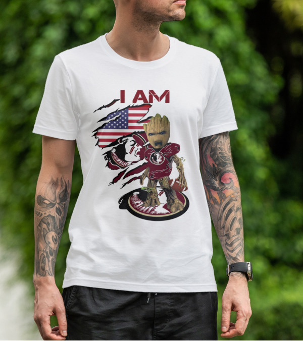I Am Florida State University Baby Groot With American Flag And Football T-Shirt