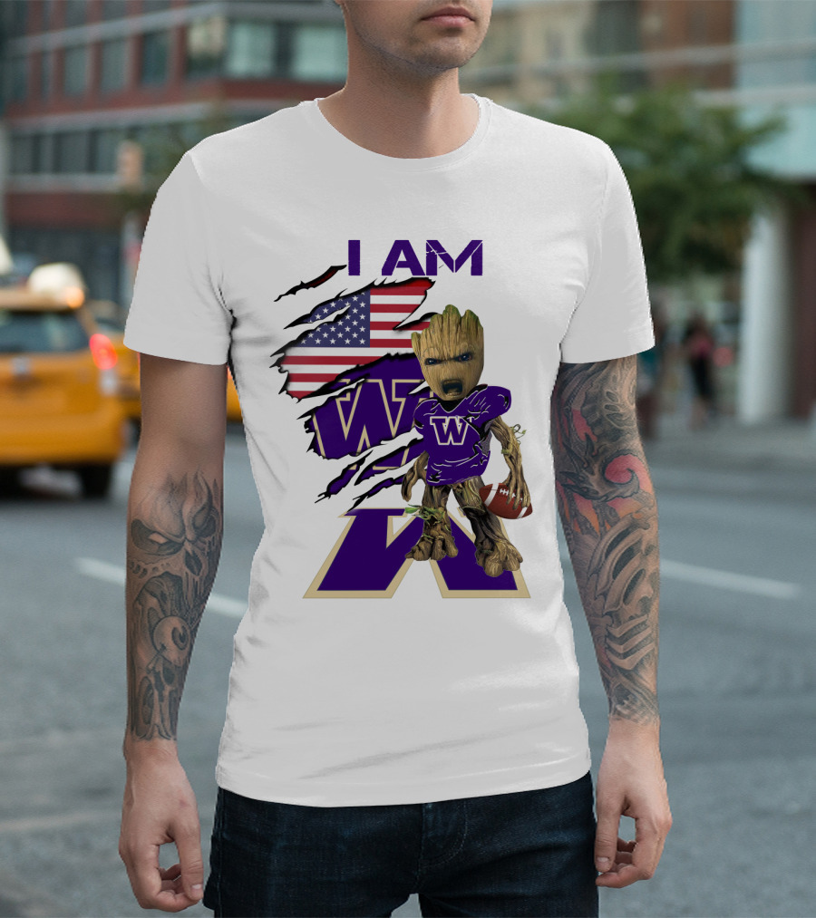 I AM Hukies W Baby Groot Football American Flag T-Shirt