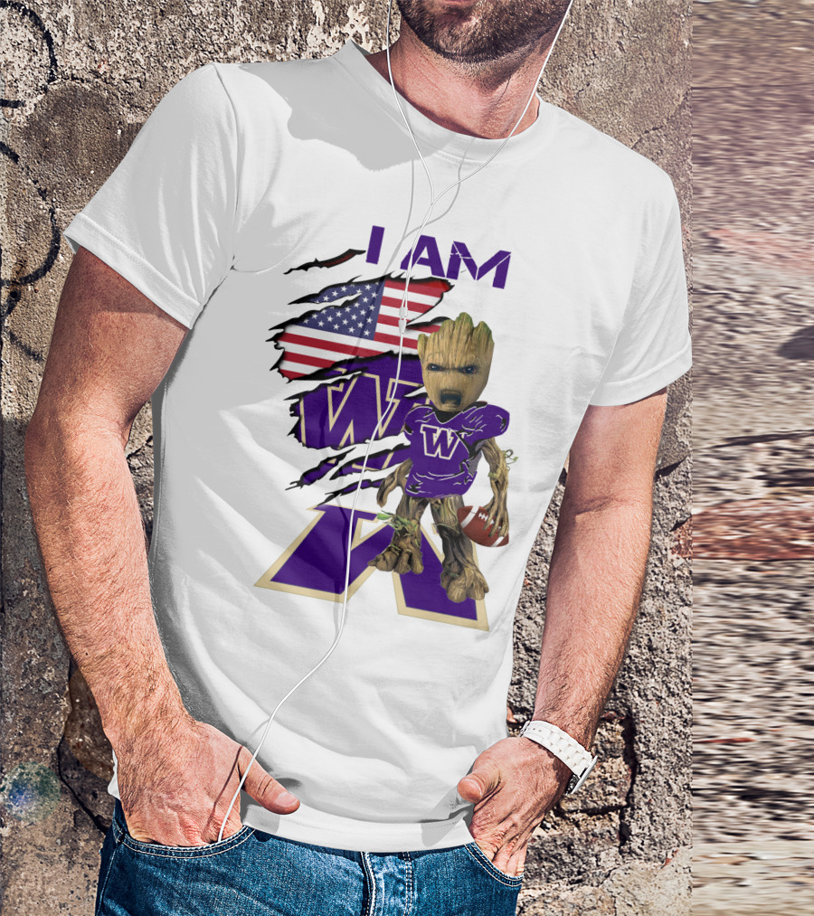 I AM Hukies W Baby Groot Football American Flag T-Shirt