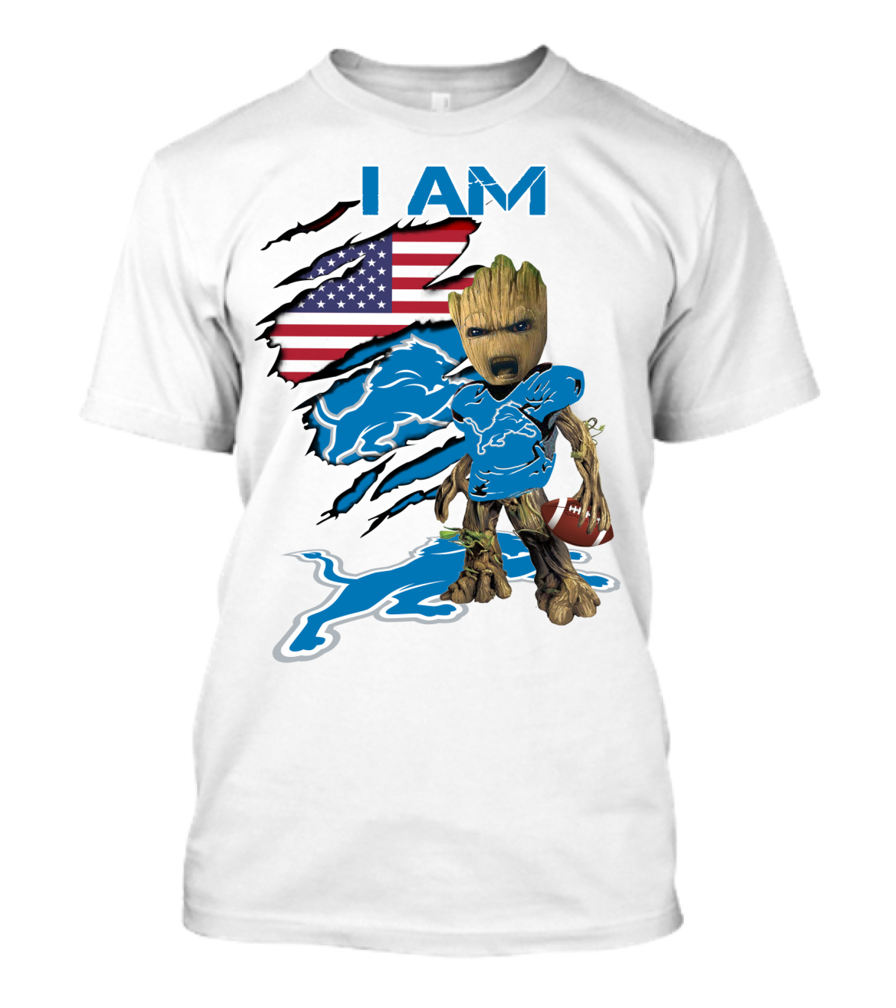 I AM Lions Baby Groot Football American Flag T-Shirt