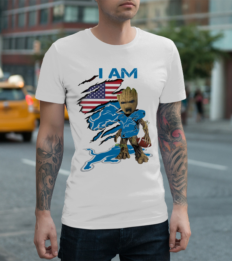 I AM Lions Baby Groot Football American Flag T-Shirt