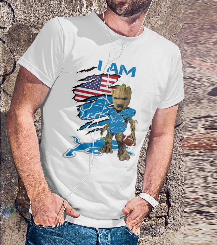 I AM Lions Baby Groot Football American Flag T-Shirt