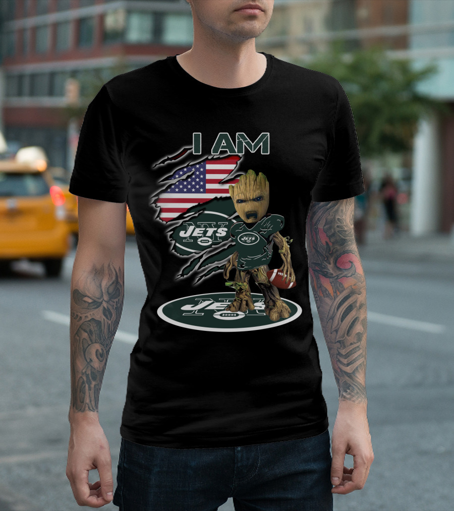 I Am Jets Baby Groot American Flag Football T-Shirt