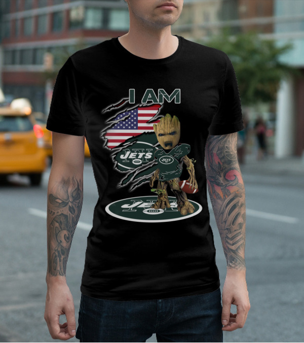 I Am Jets Baby Groot American Flag Football T-Shirt