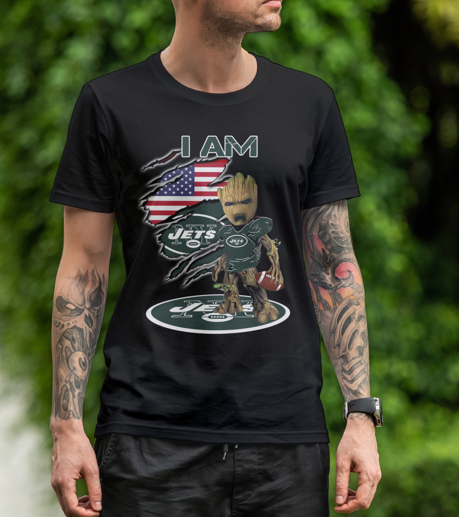 I Am Jets Baby Groot American Flag Football T-Shirt