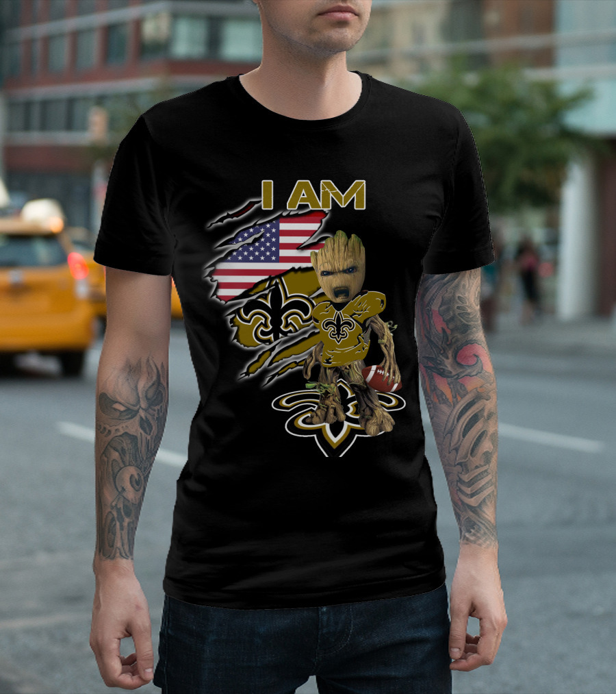 I Am Saints Baby Groot American Flag Football Fleur De Lis T-Shirt