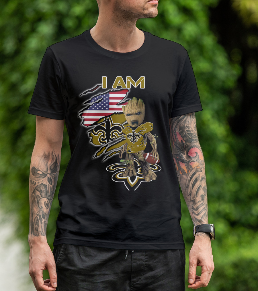 I Am Saints Baby Groot American Flag Football Fleur De Lis T-Shirt