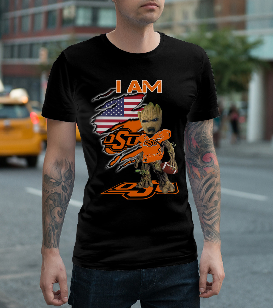 I Am OSU Baby Groot Football American Flag T-Shirt