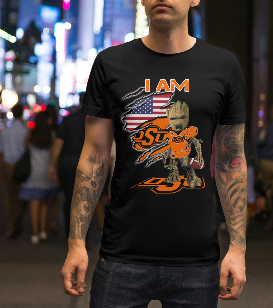 I Am OSU Baby Groot Football American Flag T-Shirt
