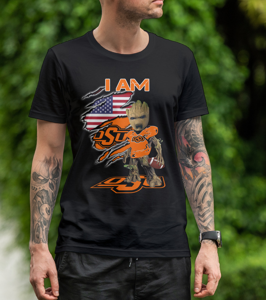 I Am OSU Baby Groot Football American Flag T-Shirt