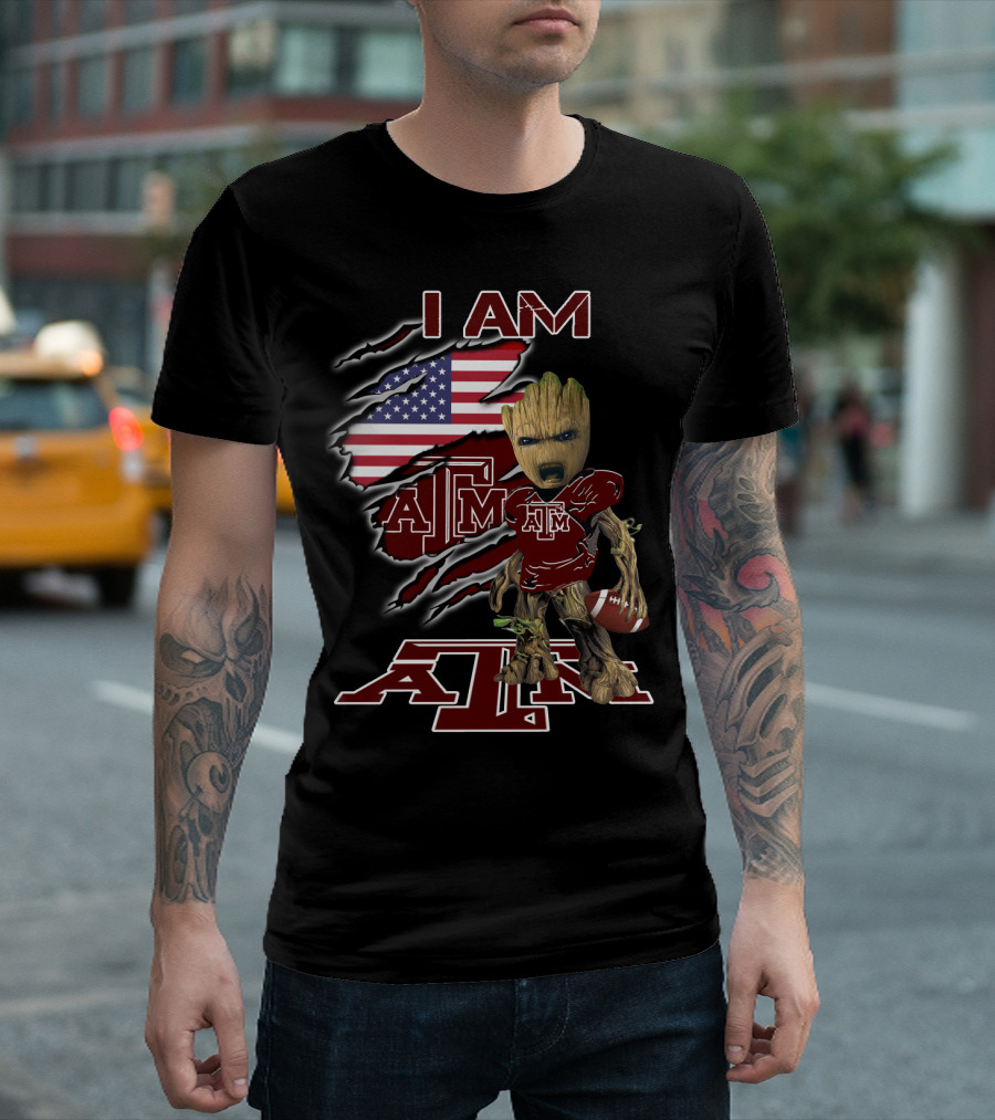 I AM ATM Baby Groot American Flag Football T-Shirt