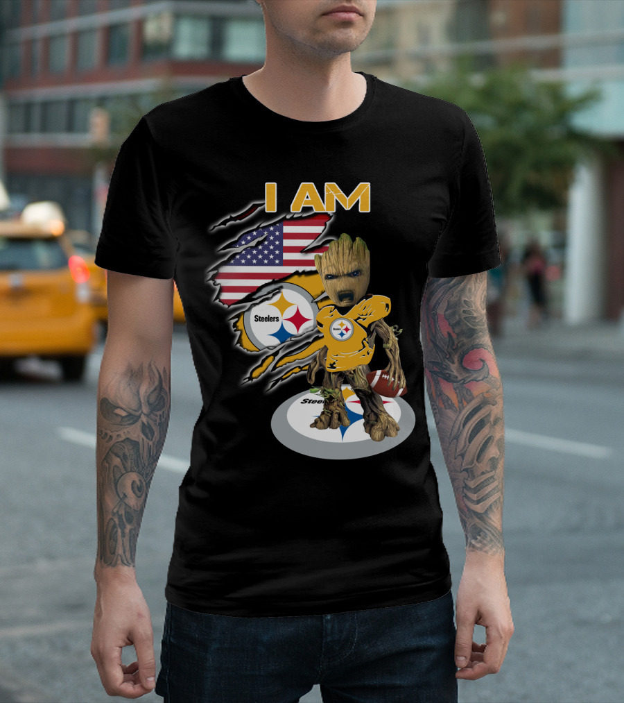 I Am Steelers Baby Groot American Flag Football Nfl Character T-Shirt