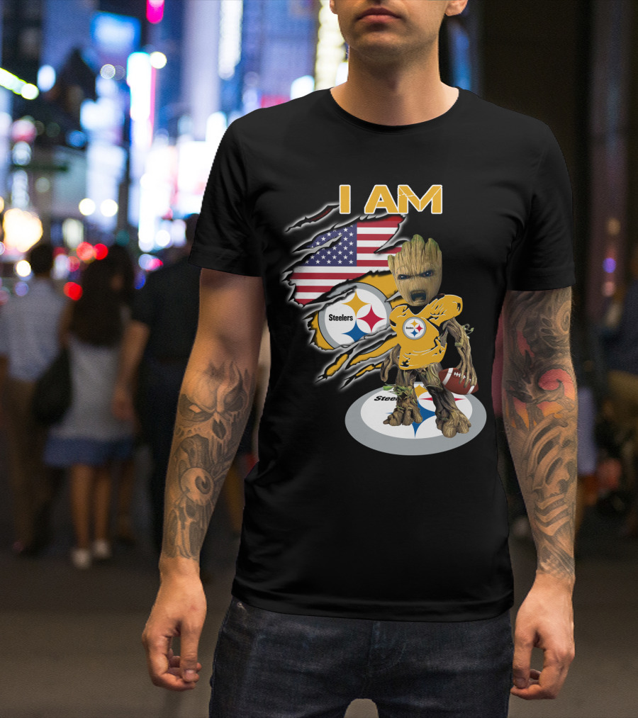 I Am Steelers Baby Groot American Flag Football Nfl Character T-Shirt