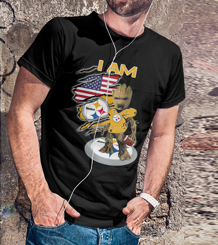 I Am Steelers Baby Groot American Flag Football Nfl Character T-Shirt