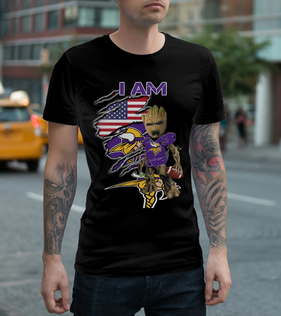 I AM Vikings Baby Groot American Flag Football T-Shirt