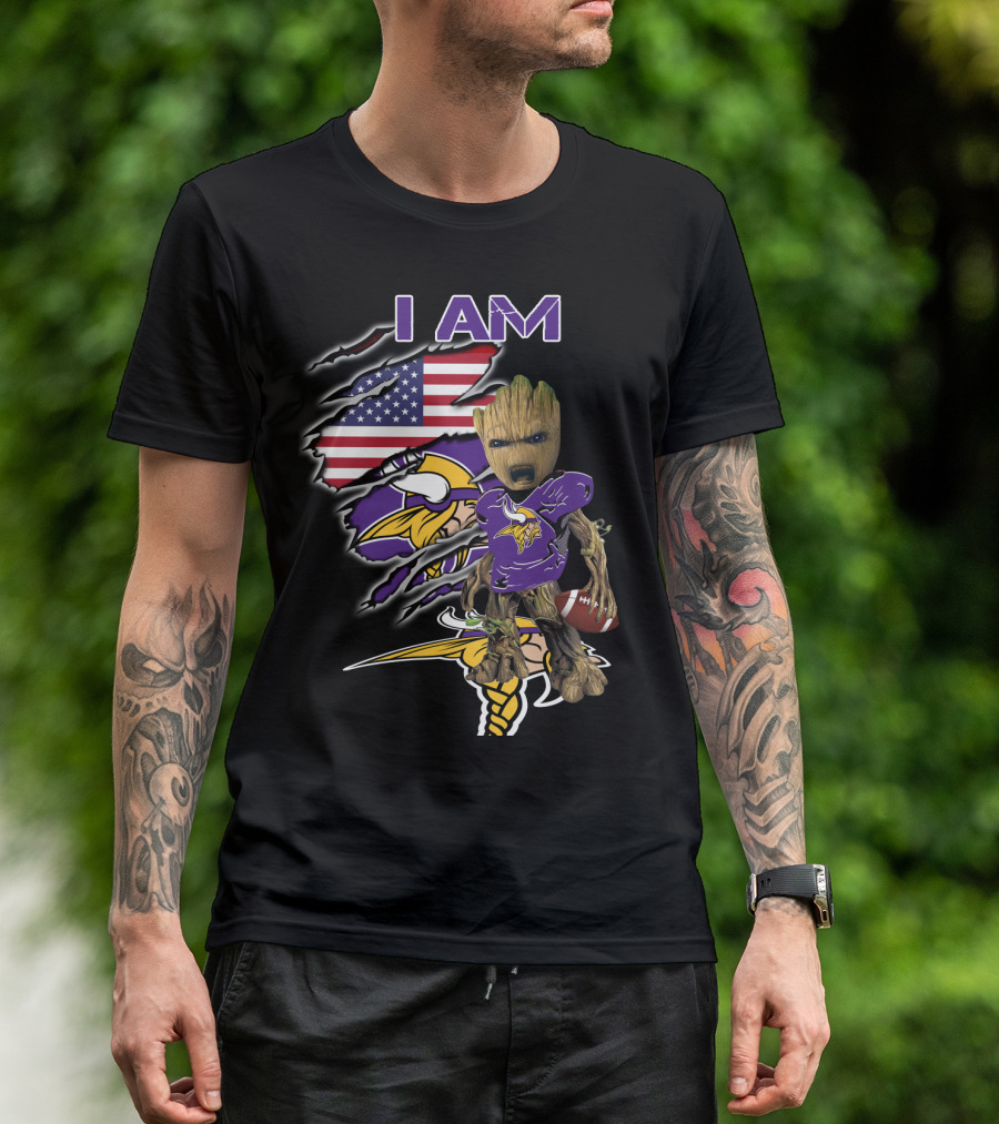 I AM Vikings Baby Groot American Flag Football T-Shirt