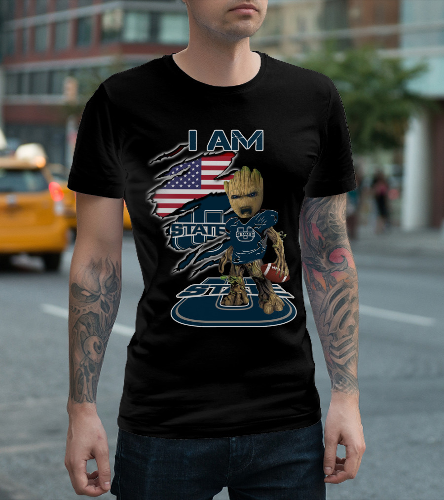 I AM Utah State Baby Groot Football American Flag T-Shirt