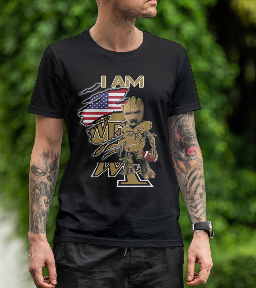 I Am Wf Wake Forest Baby Groot American Flag Football T-Shirt