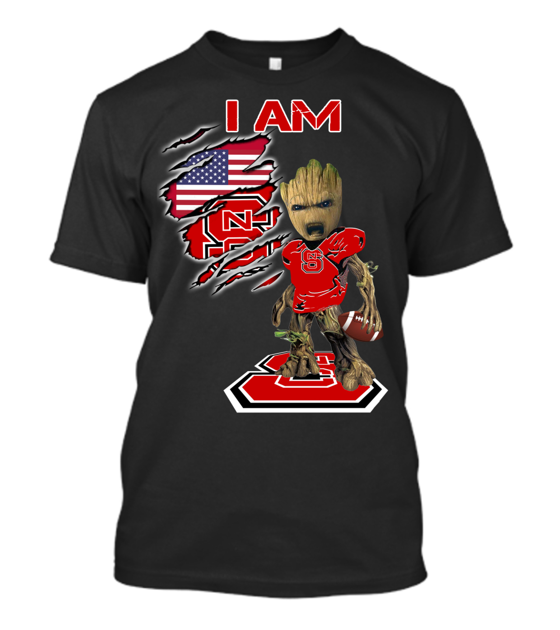 I Am Nc State Baby Groot Football American Flag Usa T-Shirt