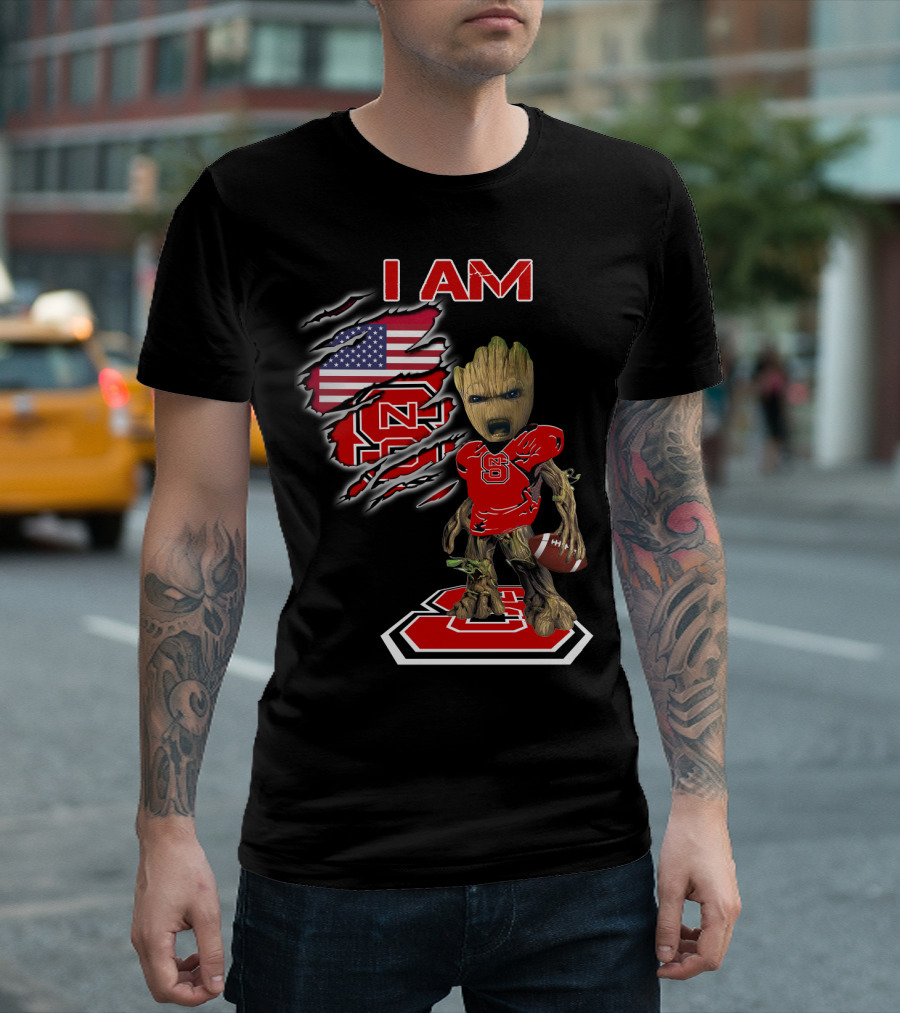 I Am Nc State Baby Groot Football American Flag Usa T-Shirt