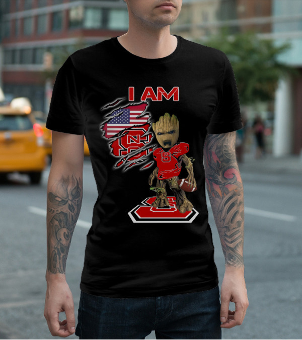 I Am Nc State Baby Groot Football American Flag Usa T-Shirt