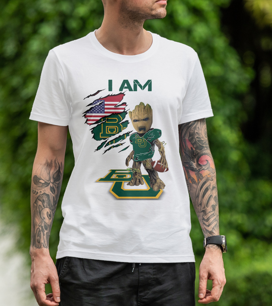 I Am Baylor Baby Groot Football Usa Flag T-Shirt