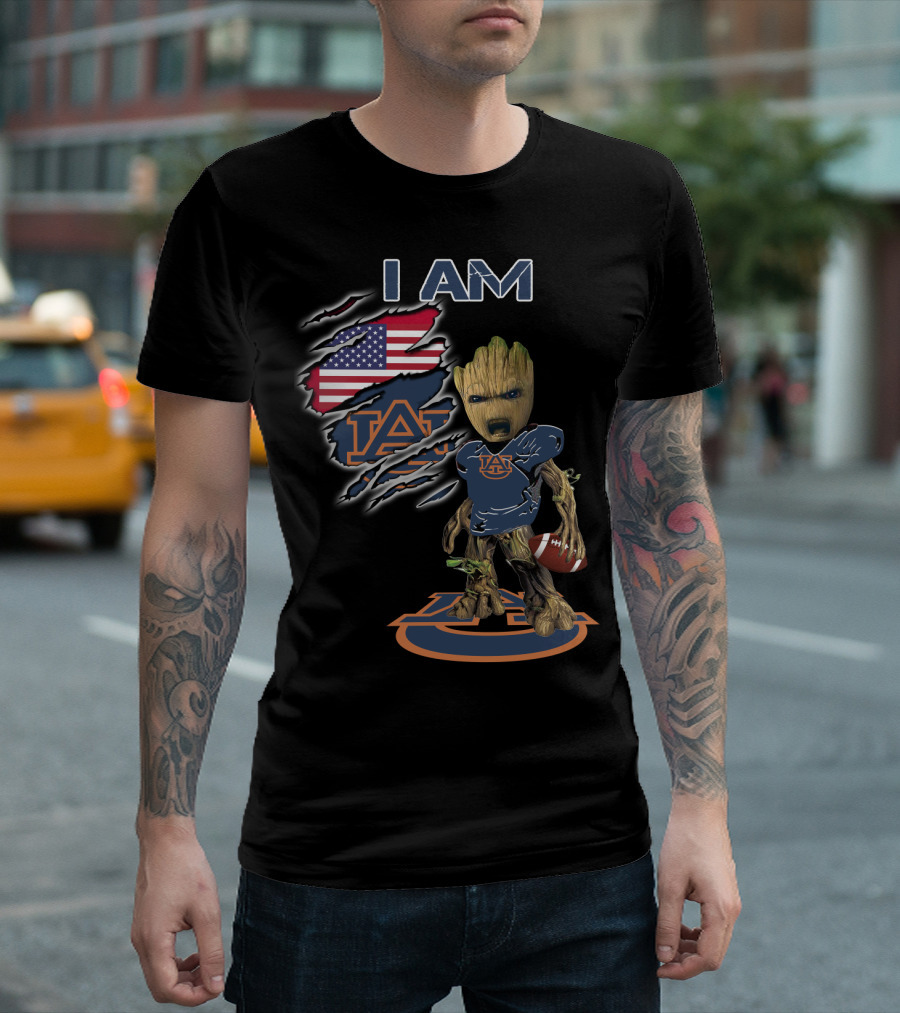 I Am Auburn Baby Groot Football USA Flag T-Shirt
