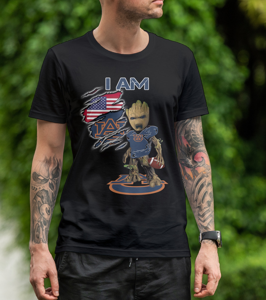 I Am Auburn Baby Groot Football USA Flag T-Shirt