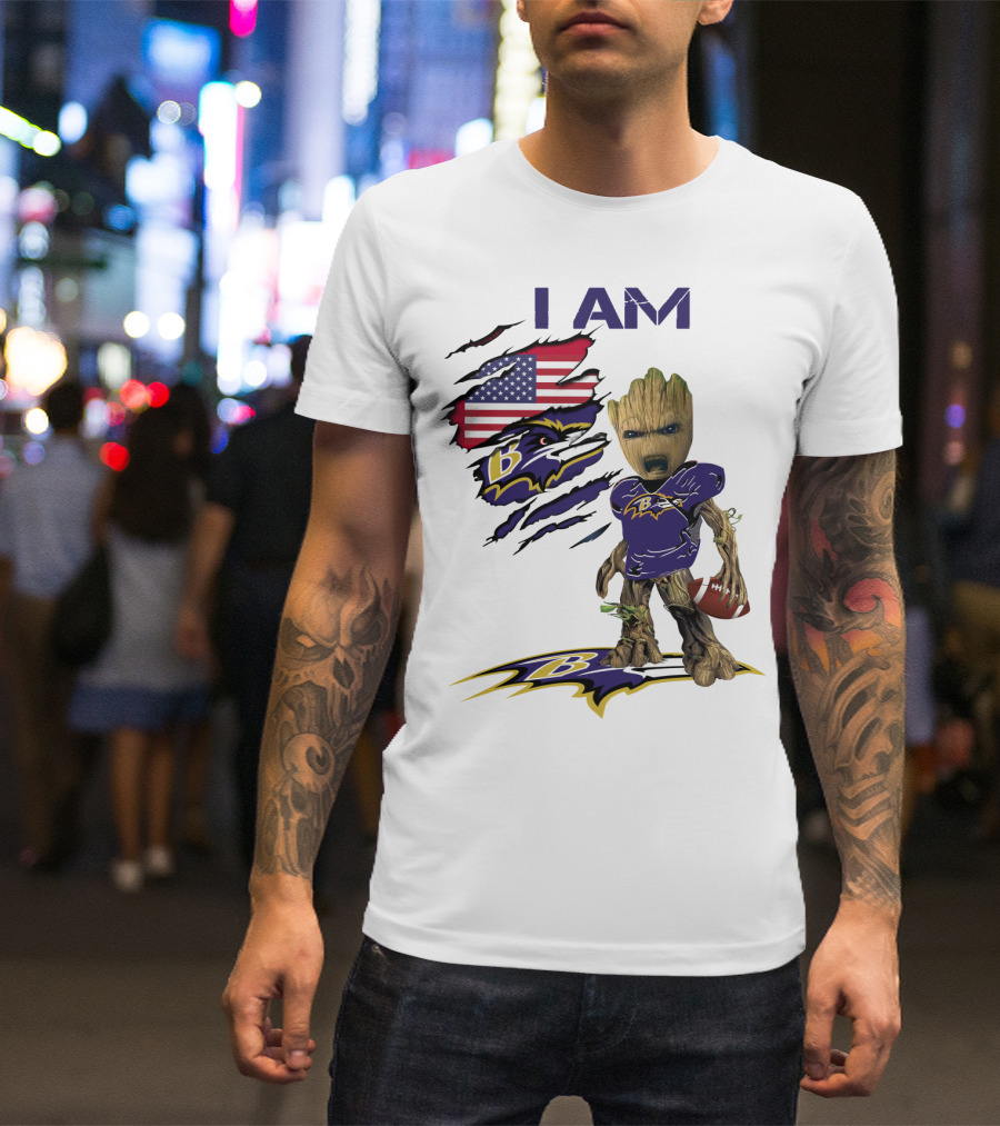 I Am Baby Groot Baltimore Ravens American Flag Football T-Shirt