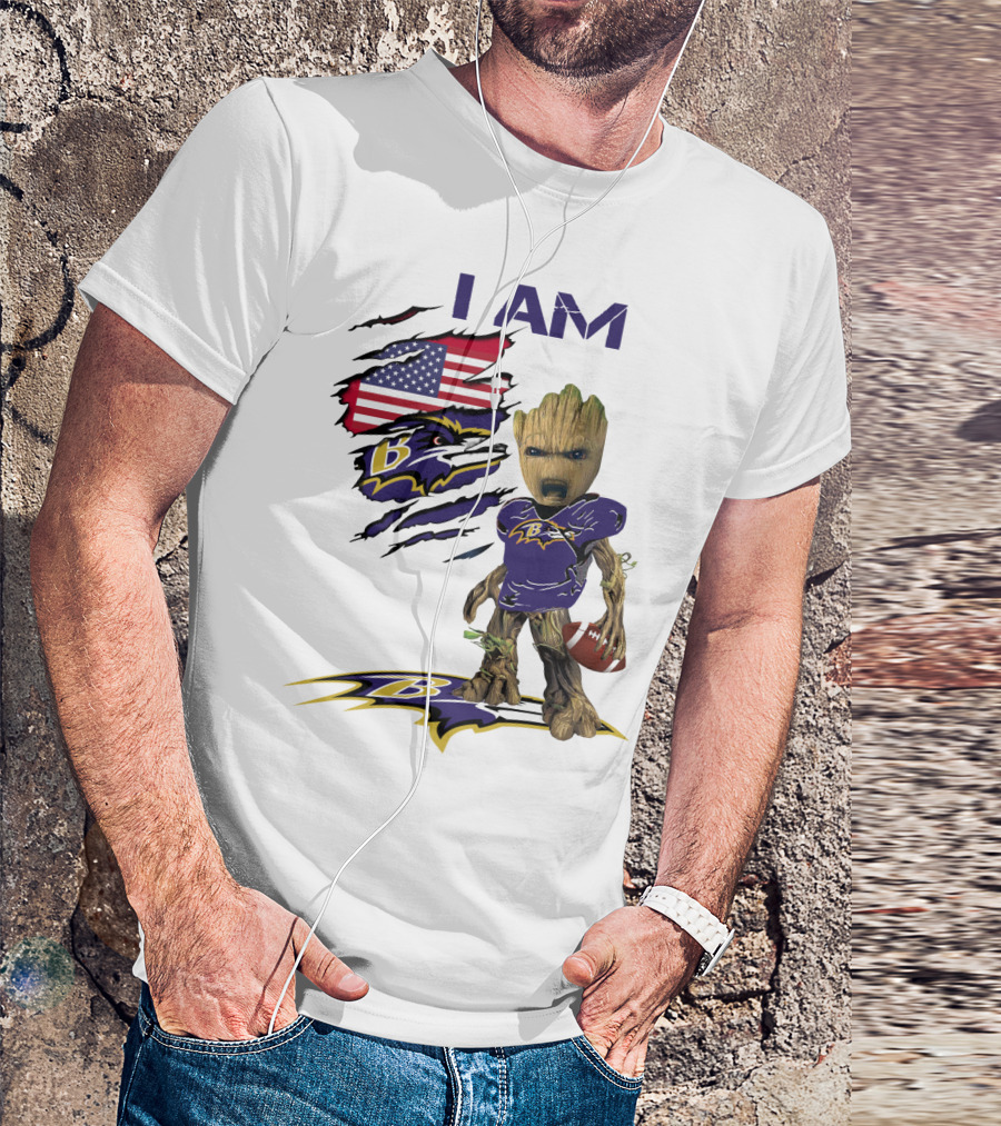I Am Baby Groot Baltimore Ravens American Flag Football T-Shirt