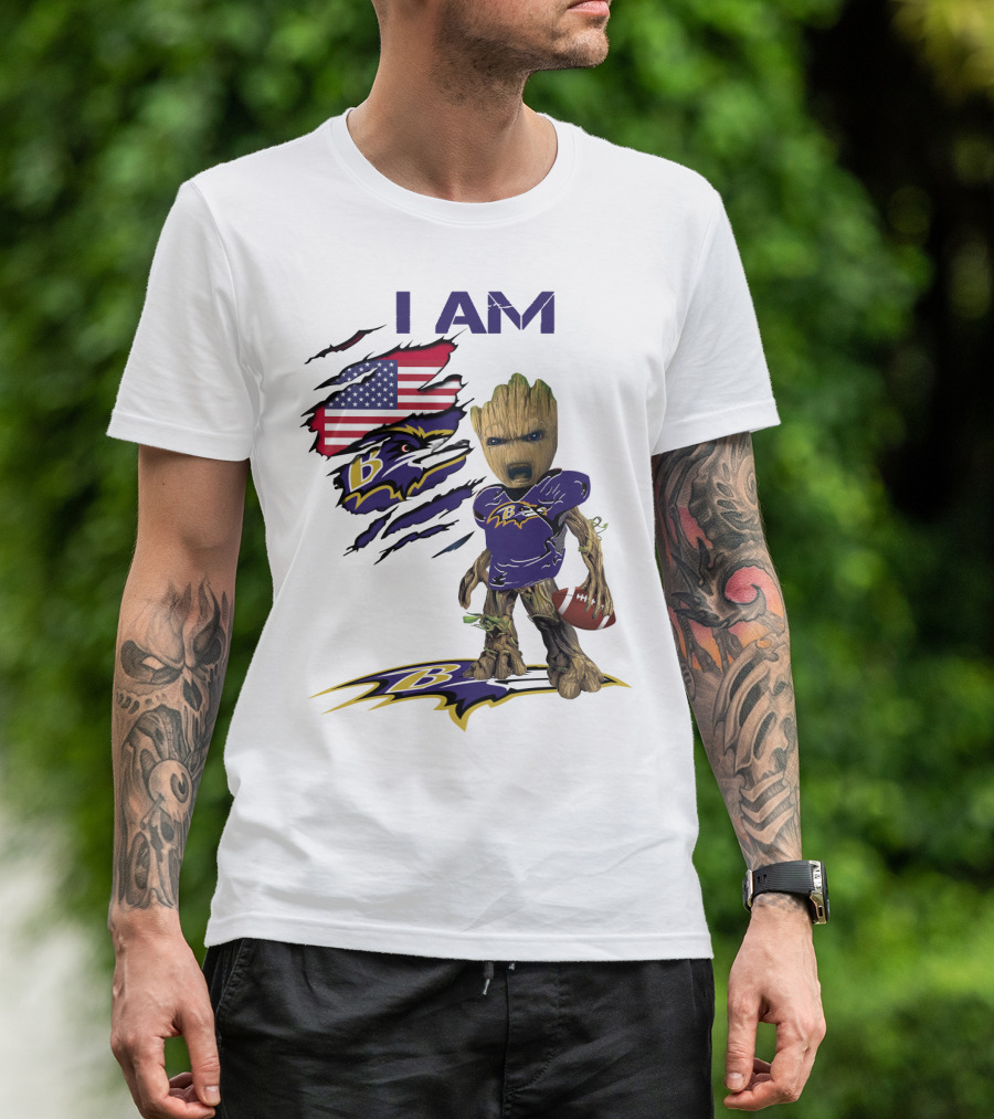 I Am Baby Groot Baltimore Ravens American Flag Football T-Shirt