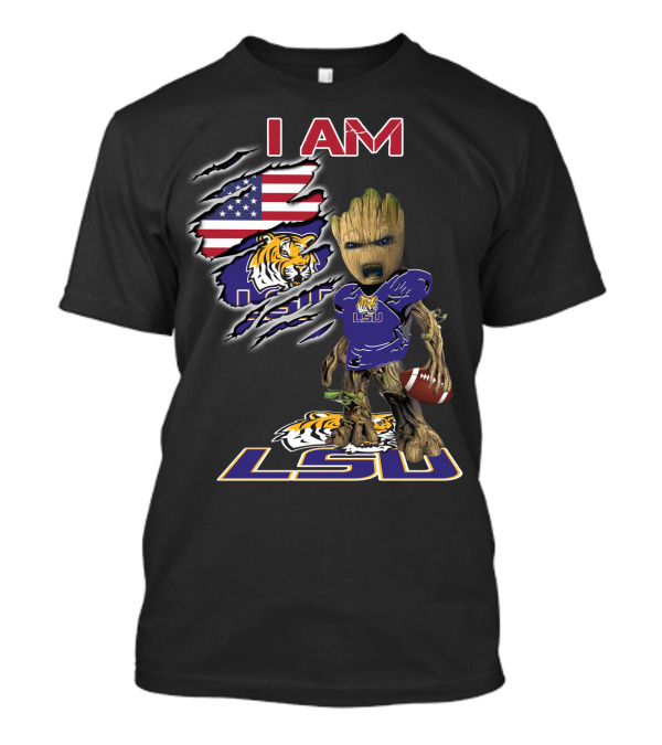 I AM LSU Baby Groot LSU Football Tigers American Flag T-Shirt