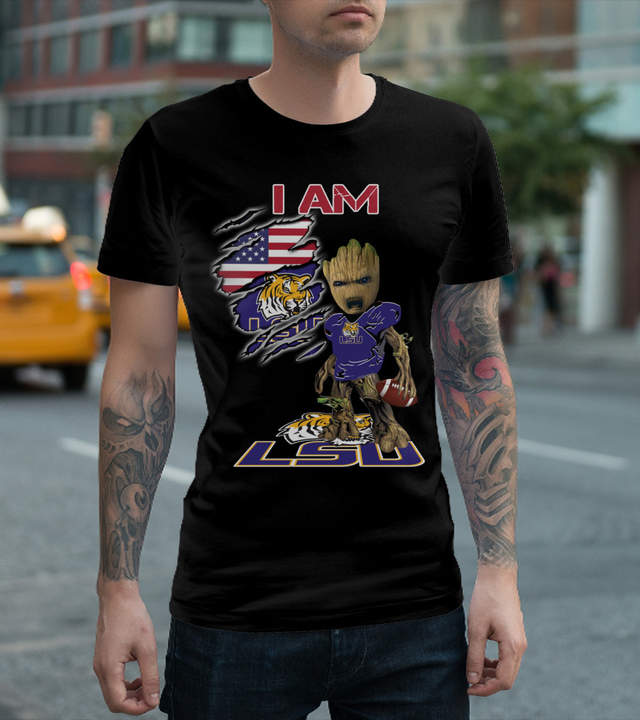 I AM LSU Baby Groot LSU Football Tigers American Flag T-Shirt
