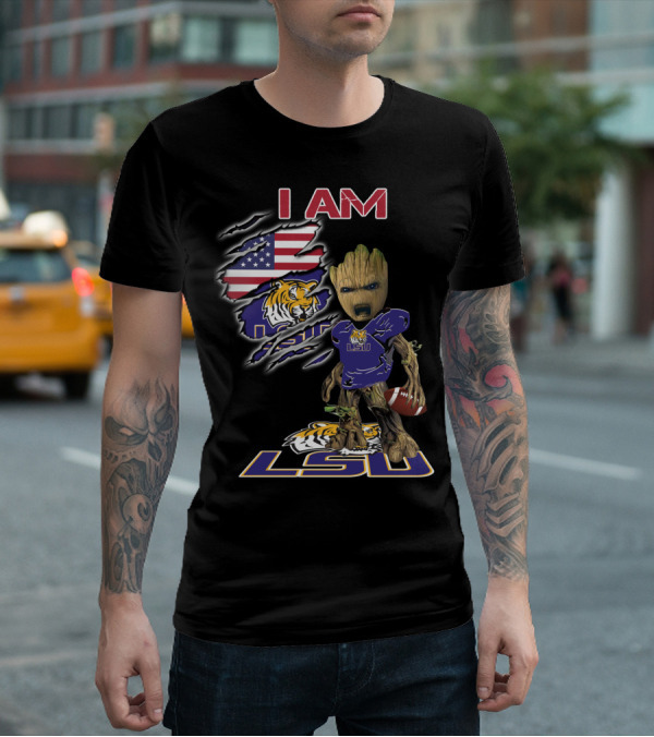 I AM LSU Baby Groot LSU Football Tigers American Flag T-Shirt