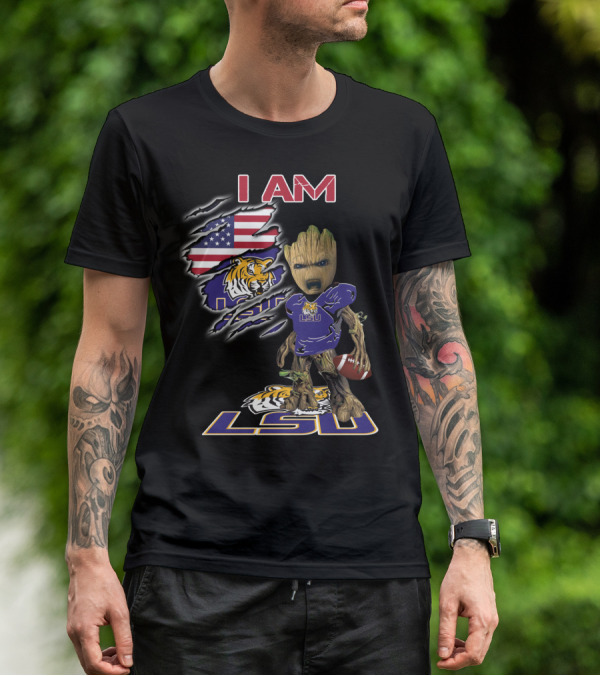 I AM LSU Baby Groot LSU Football Tigers American Flag T-Shirt