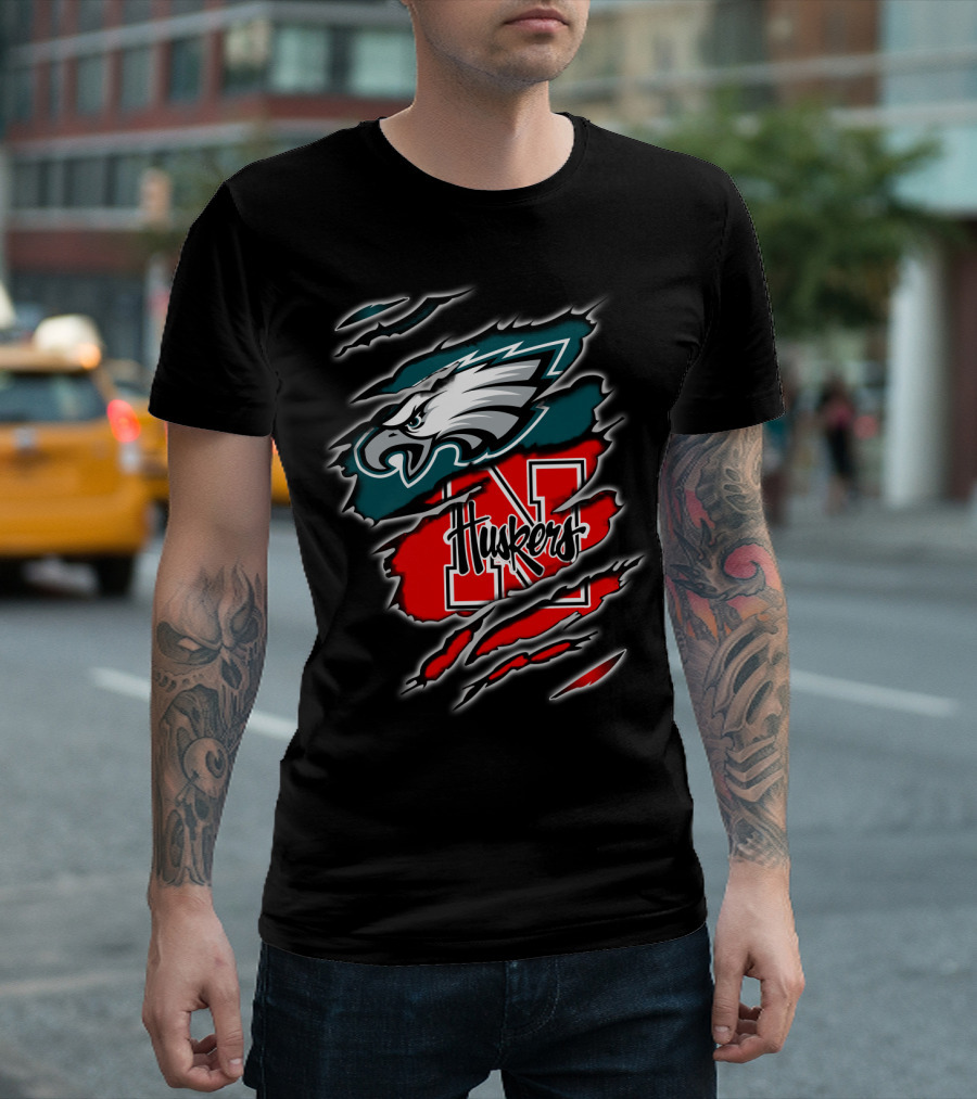 Philadelphia Eagles Nebraska Huskers Football Fan Logo Torn T-Shirt