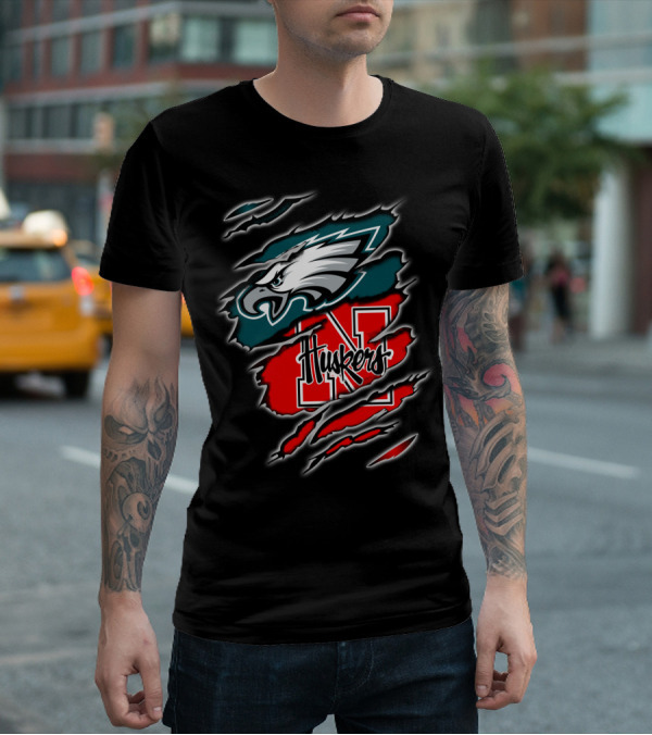 Philadelphia Eagles Nebraska Huskers Football Fan Logo Torn T-Shirt