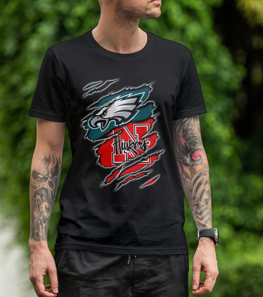 Philadelphia Eagles Nebraska Huskers Football Fan Logo Torn T-Shirt