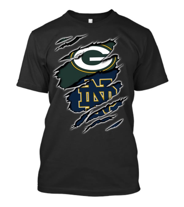 Packers G Green Bay Notre Dame Nd Blue Gold Logo Ripped Torn T-Shirt