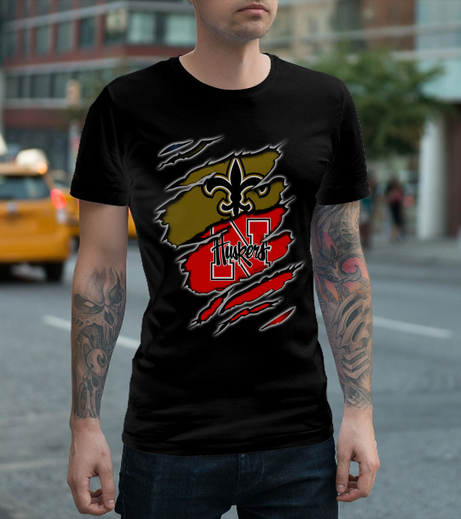 Huskers N Logo and Fleur-de-Lis Saints Logo Claw T-Shirt