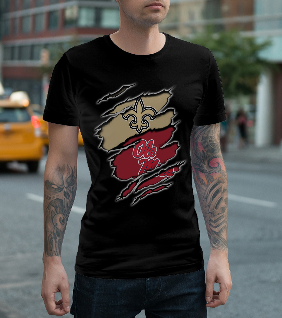 Saints Fleur-de-Lis and Ole Miss Logo Claw Mark T-Shirt