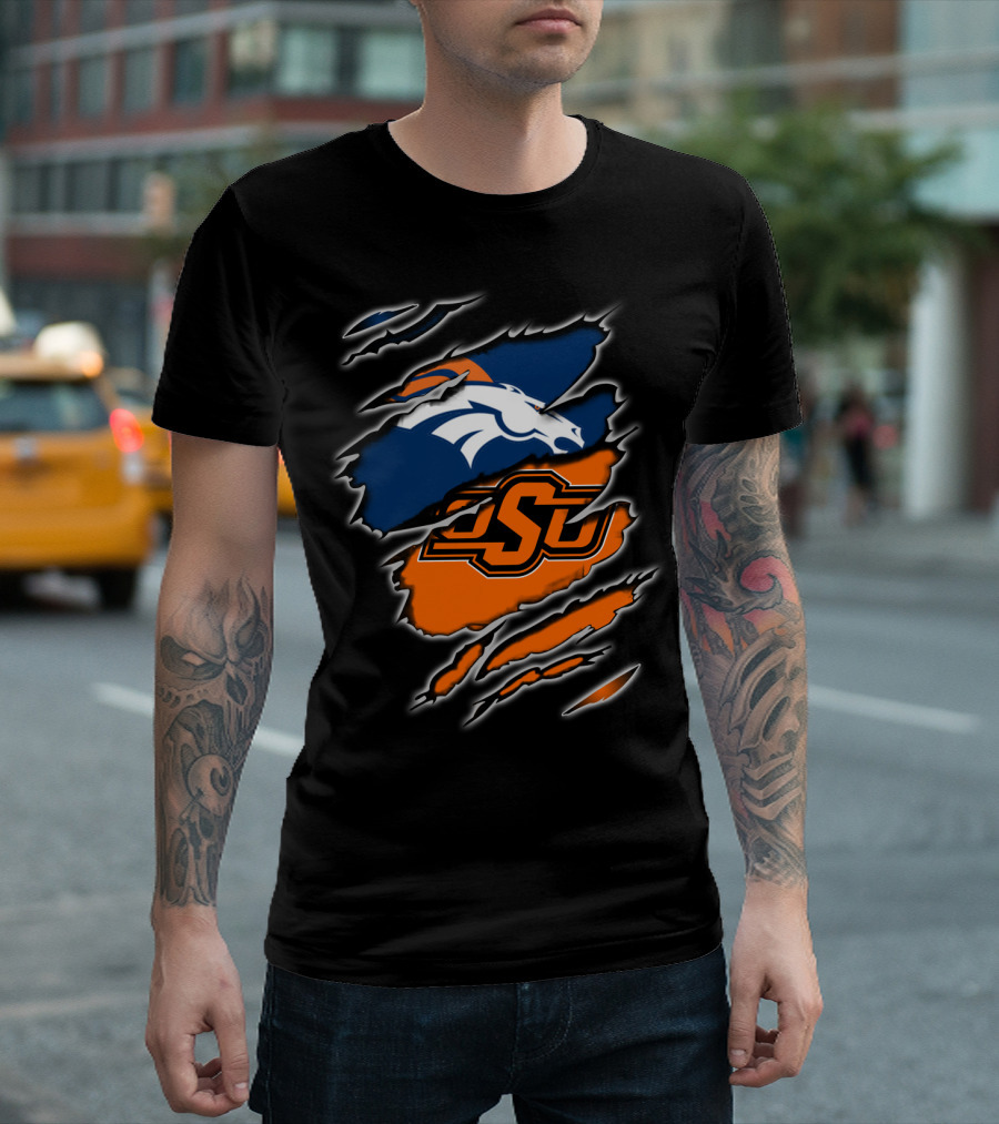 Denver Broncos Oklahoma State Osu Ripped Design Integration T-Shirt