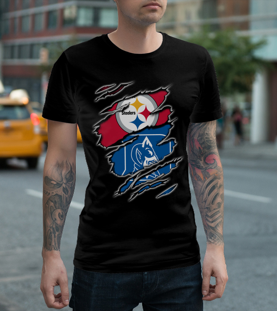 Steelers Duke Blue Devils Ripped Emblem Combination T-Shirt