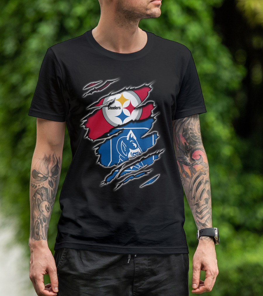Steelers Duke Blue Devils Ripped Emblem Combination T-Shirt