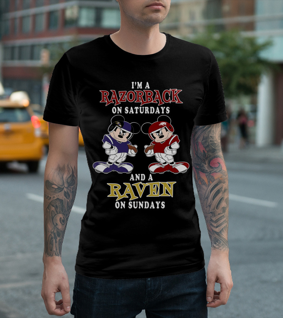 Razorback Saturdays Raven Sundays Mickey Football Characters T-Shirt
