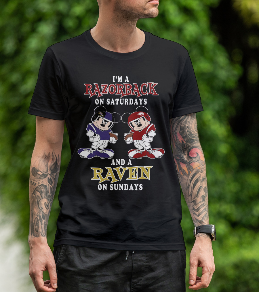 Razorback Saturdays Raven Sundays Mickey Football Characters T-Shirt