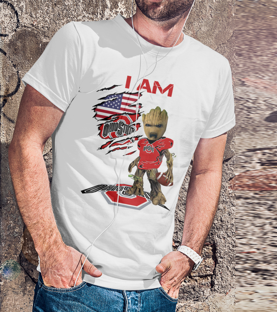 I Am Ohio State Baby Groot Football American Flag T-Shirt