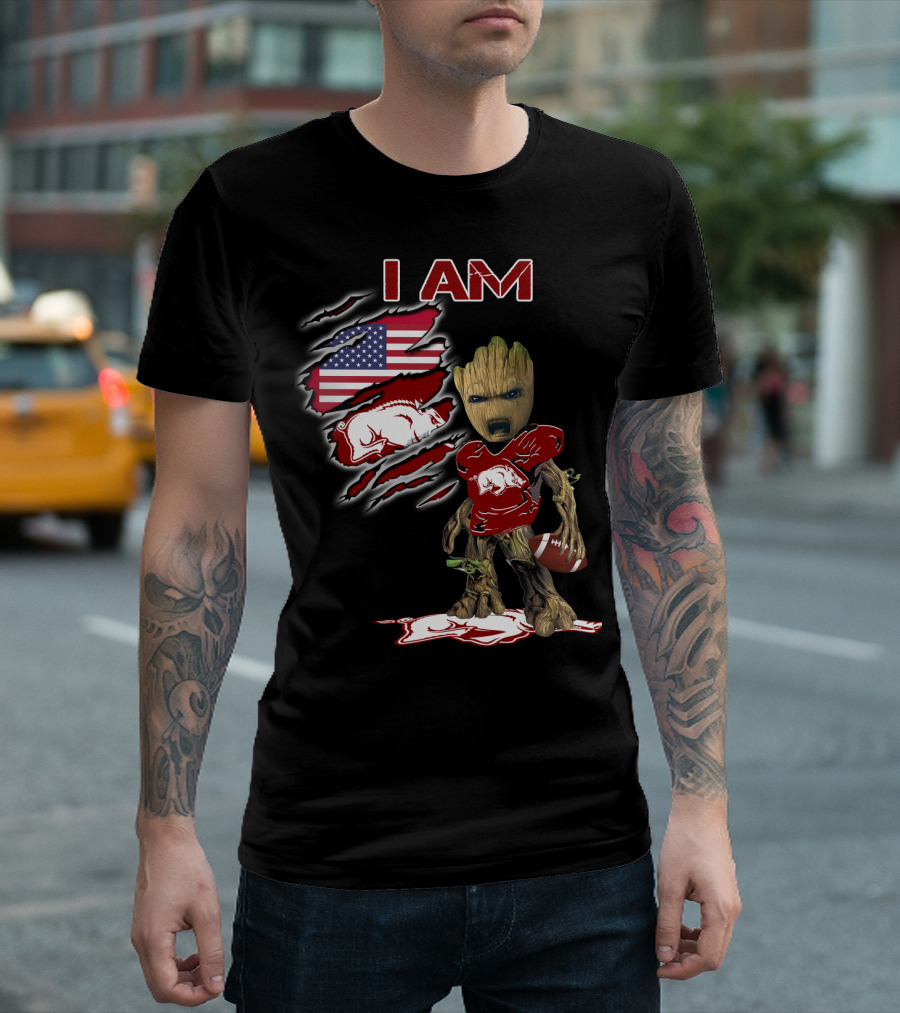 I Am Groot Arkansas Razorbacks Football Usa Flag T-Shirt