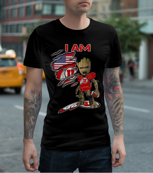 I Am U Utah Football Fan Groot American Flag T-Shirt