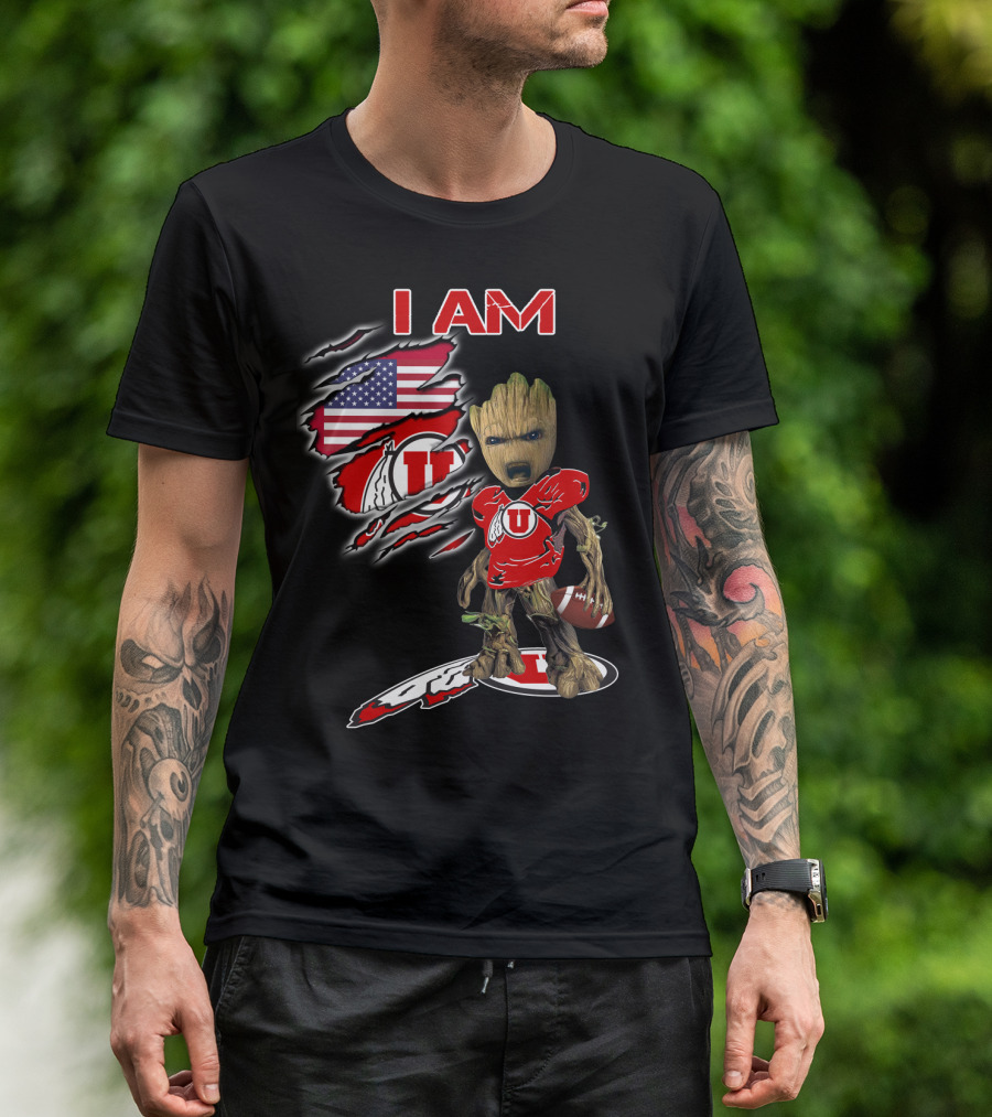 I Am U Utah Football Fan Groot American Flag T-Shirt